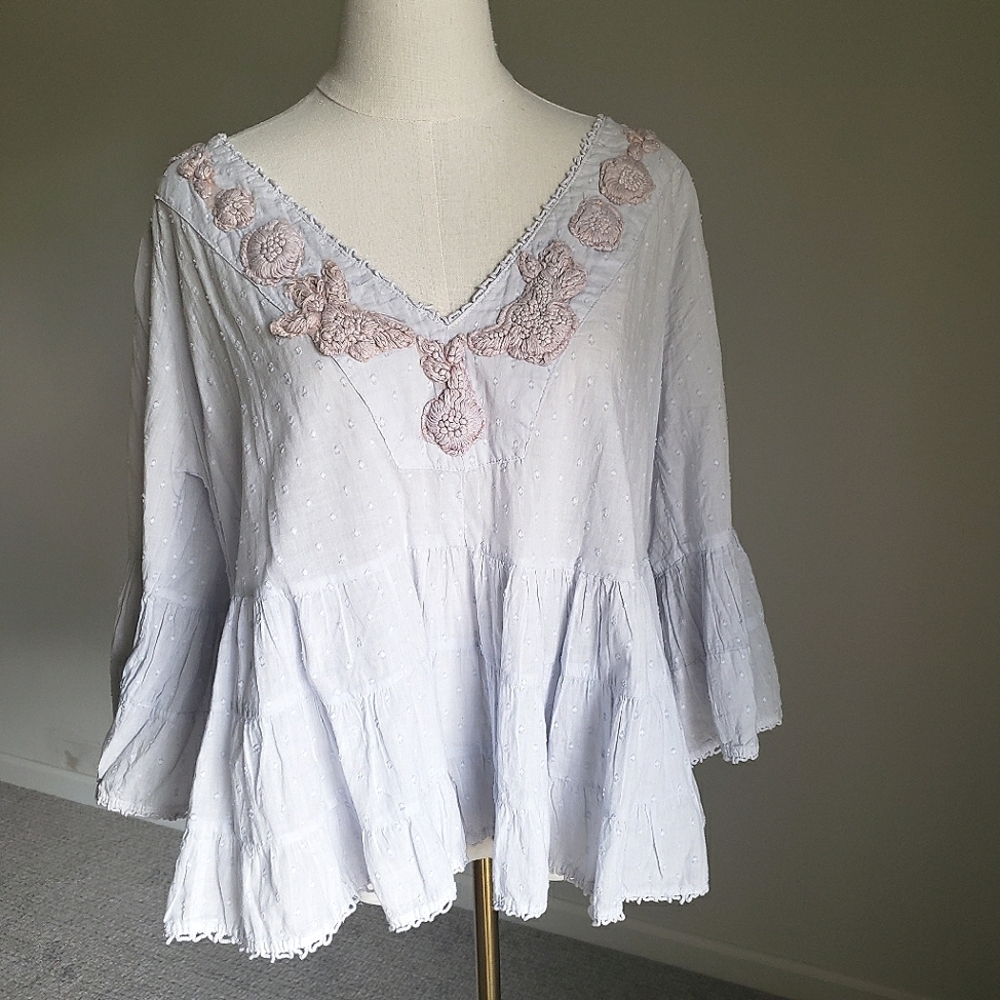 Antica Sartoria Baby Blue Peasant Blouse with Taupe Floral Embroidery One Size